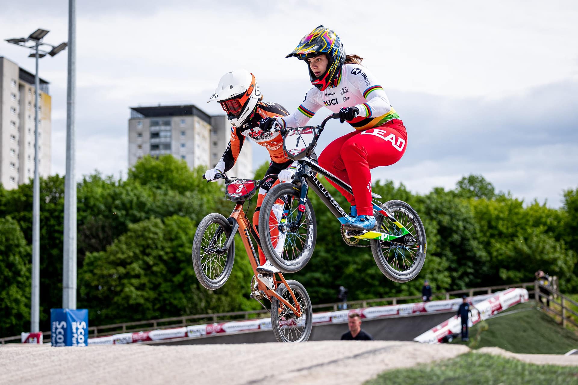 Picture by Alex Whitehead/SWpix.com - 29/05/2022 - Cycling - UCI BMX Racing World Cup: Round 2 - Glasgow BMX Centre, Glasgow, Scotland - Bethany Shriever of Great Britain and Laura Smulders of the Netherlands during the Elite Women’s Final.